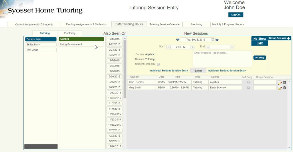 Tutors create new and view existing sessions